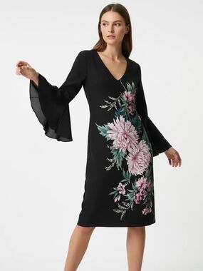 le chateau Black Floral V-Neck Midi Dress with Bell Sleeves